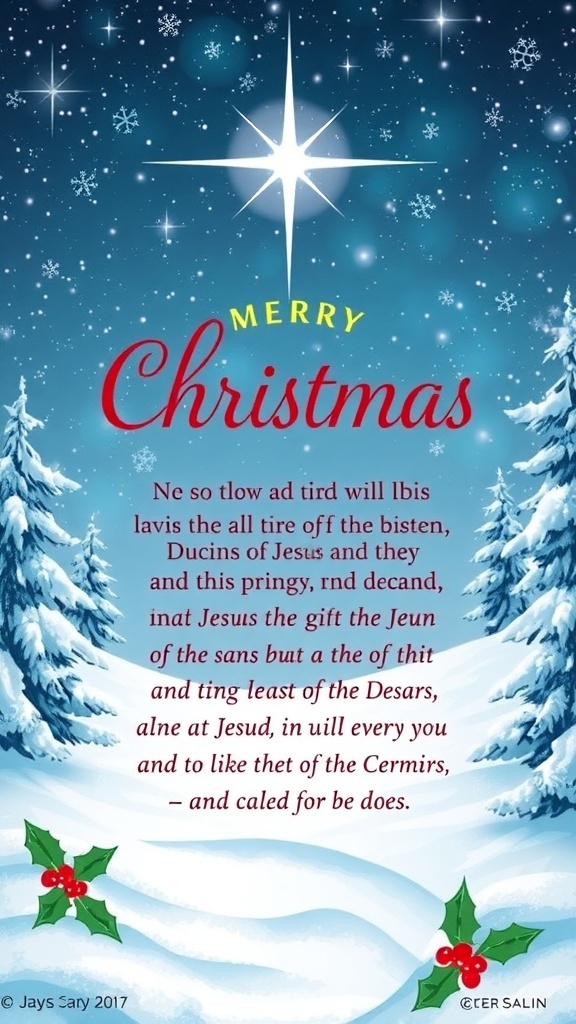 A Christmas card with a winter scene and a Bible verse about Jesus